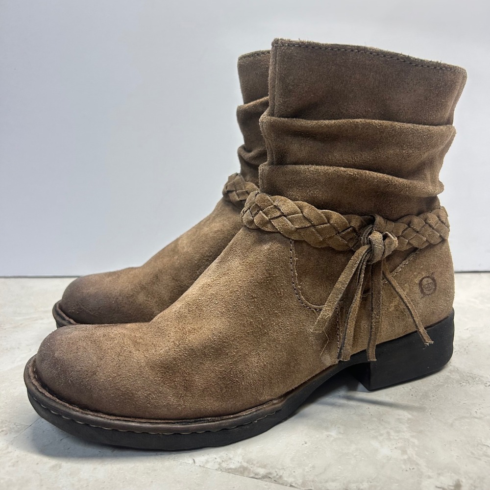 Born Ankle Boots Brown Women 6.5 Suede Slouchy Braided Tassel Boho F12417